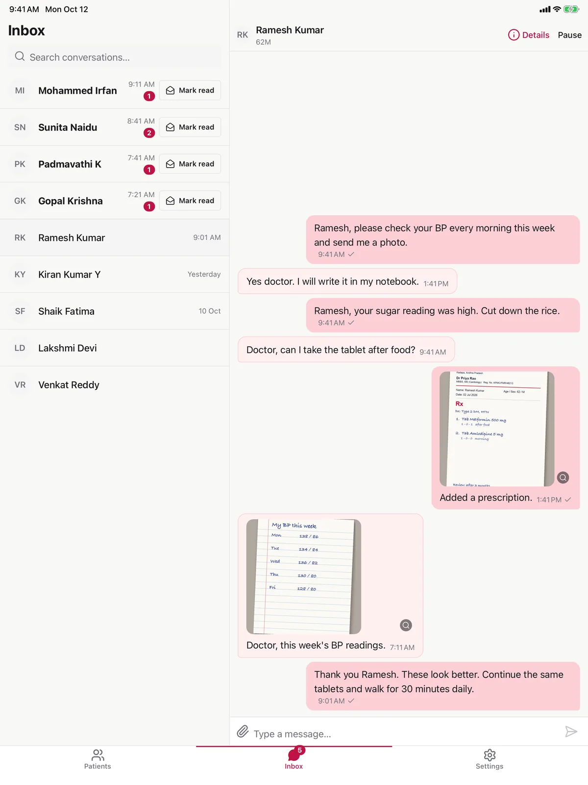 The DocFollow Doctor app on an iPad: the inbox on the left, and an open chat with a sample patient on the right.