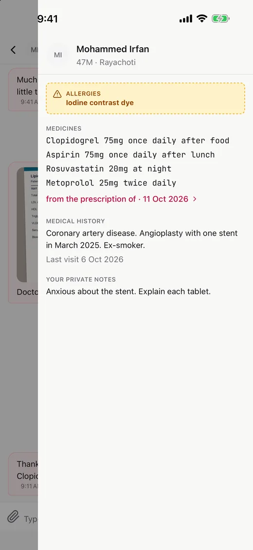 The same app on an iPhone, showing a sample patient's allergies, medicines and history.